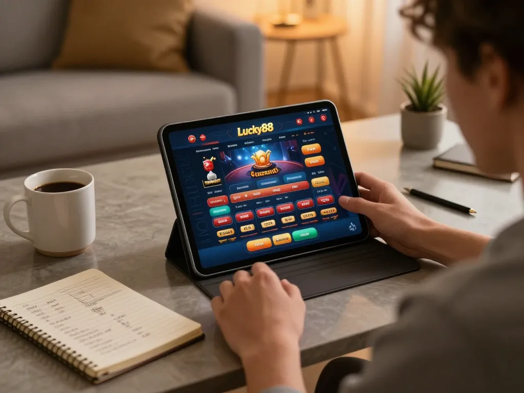 Engaging in strategic gameplay on Lucky88's online casino platform with a tablet.