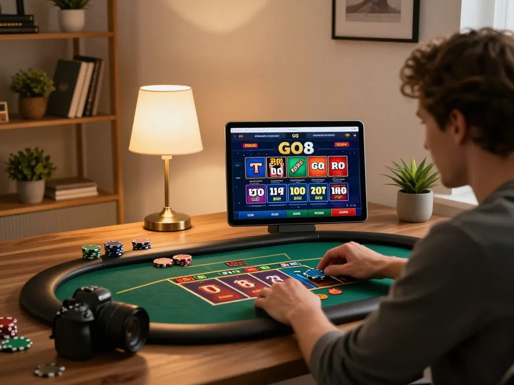 Engaging with GO8 casino app on tablet, showcasing excitement in online betting.