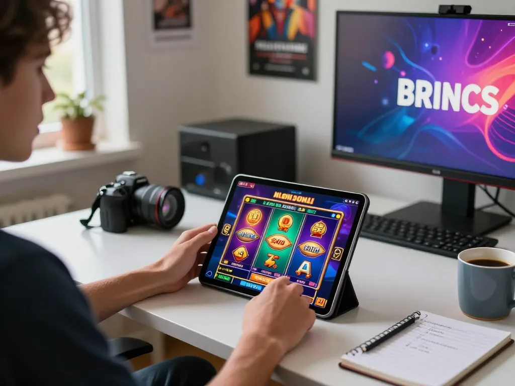 Experience the thrill of situs gacor gaming with a player enjoying online slots on a tablet in a cozy home setting