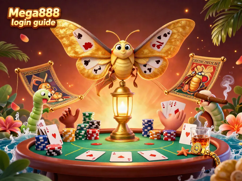 Engage with the Mega888 login guide through this vibrant 3D casino scene featuring a majestic moth and interactive poker elements.