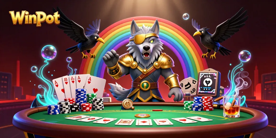 Winpot's 3D cartoon Odin wolf surrounded by poker elements on a casino bridge