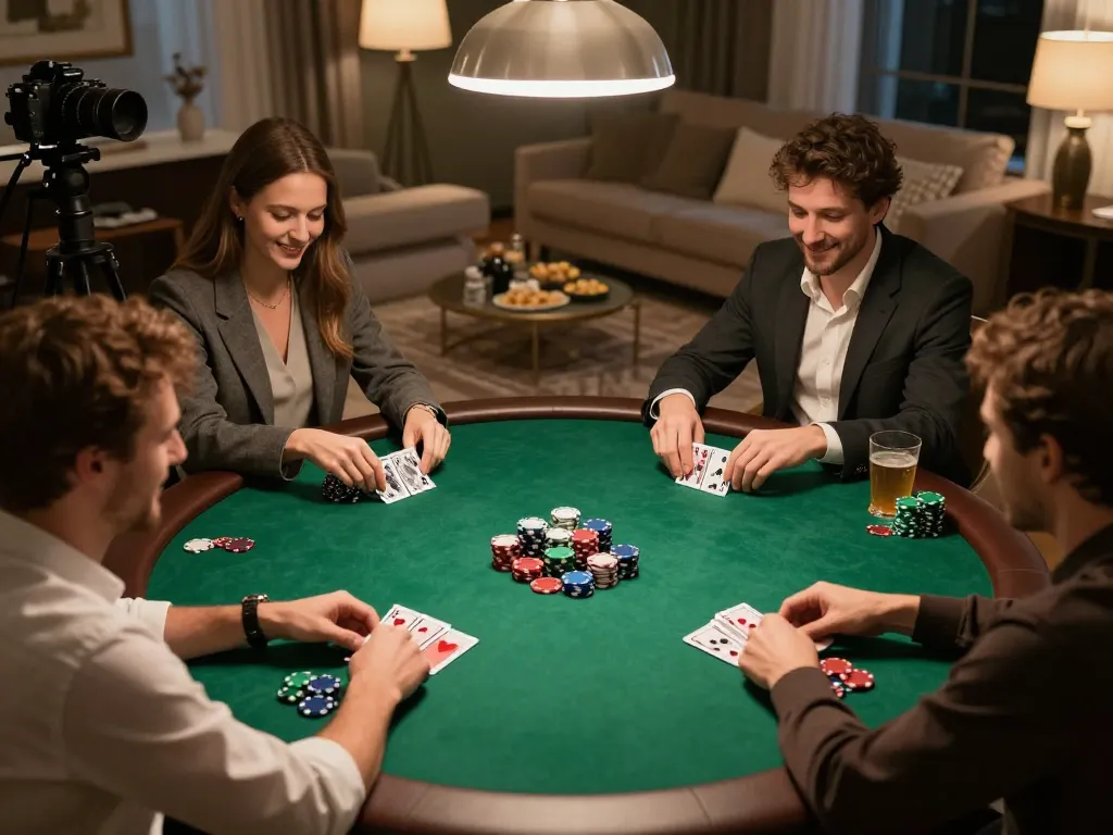 KONG88 poker night with friends analyzing cards and chips, warm home atmosphere, strategic gameplay.