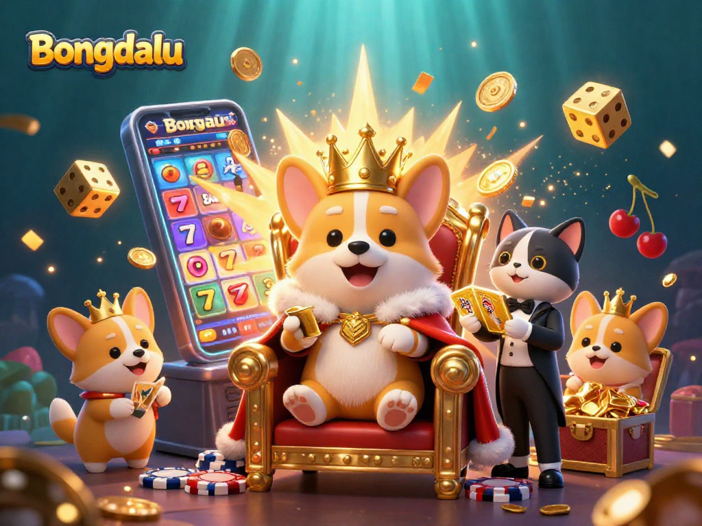 Bongdalu showcases a royal corgi with a golden crown in a rich casino-themed illustration.
