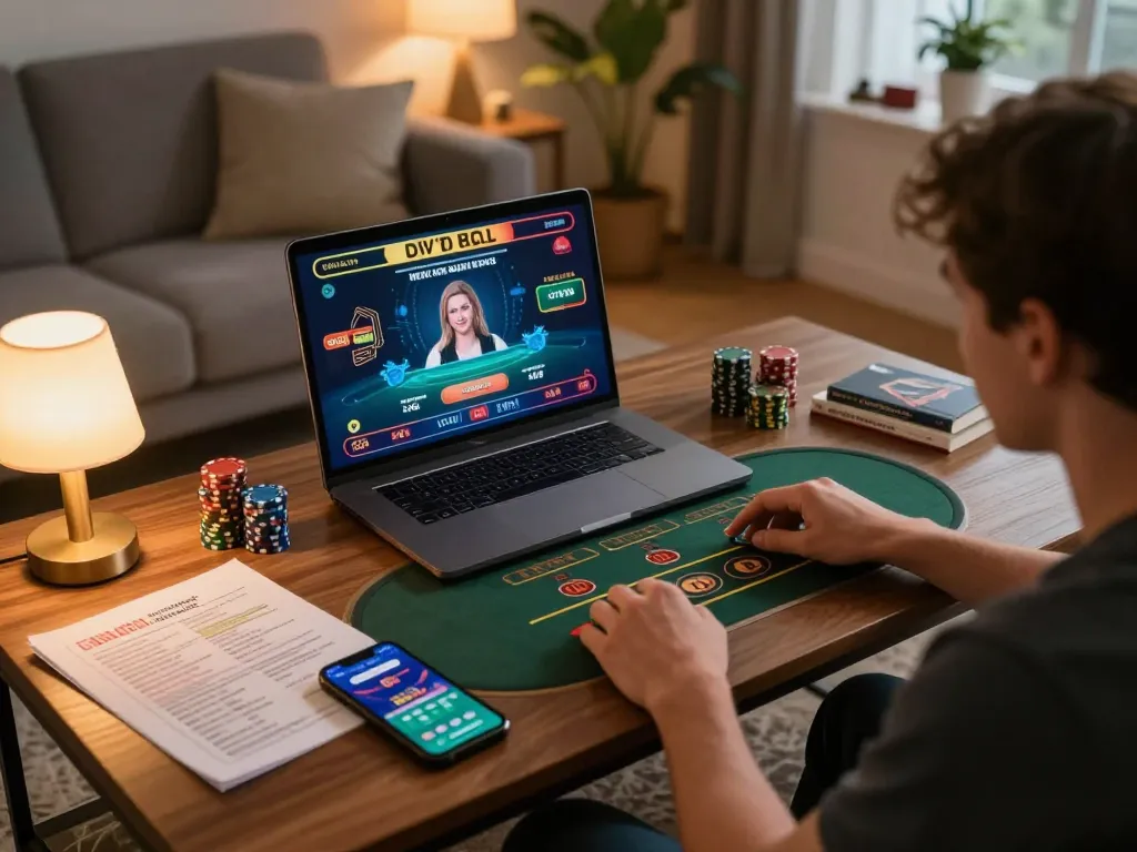 Person playing at Canada online casinos seated at home, equipped with gaming notes and smartphone for strategy.
