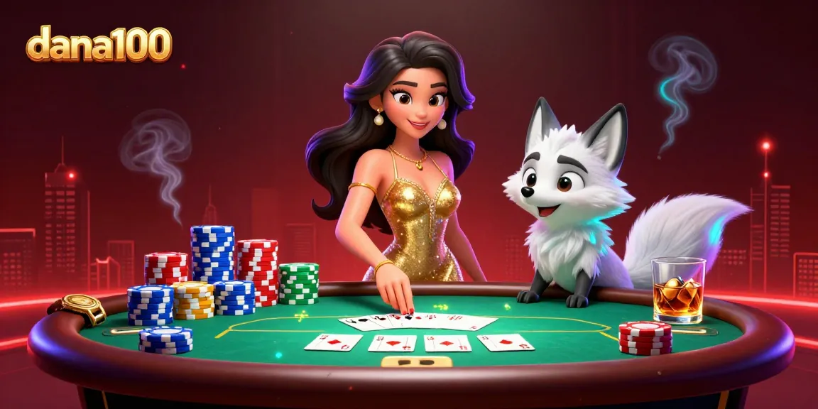 dana100 showcases a glamorous casino scene with a stylish woman and her arctic fox companion, surrounded by poker elements.
