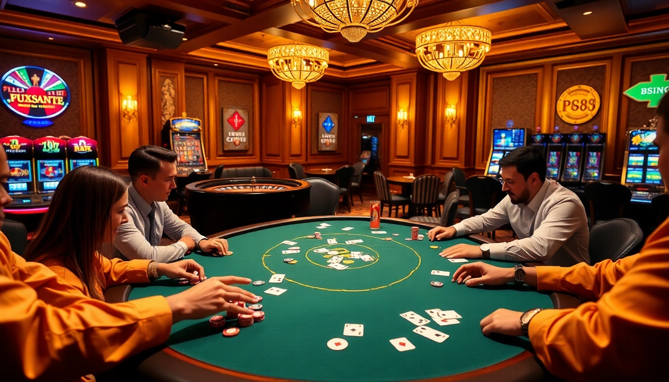 Exciting poker game at PG88 casino with colorful chips and illuminated tables.