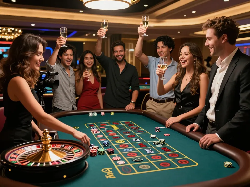 32win players excitedly placing bets at a roulette table in a luxury casino atmosphere