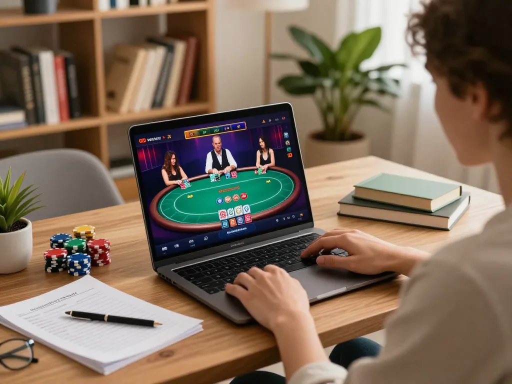 MM88 online casino player engaging in poker strategies at home in a cozy setup.