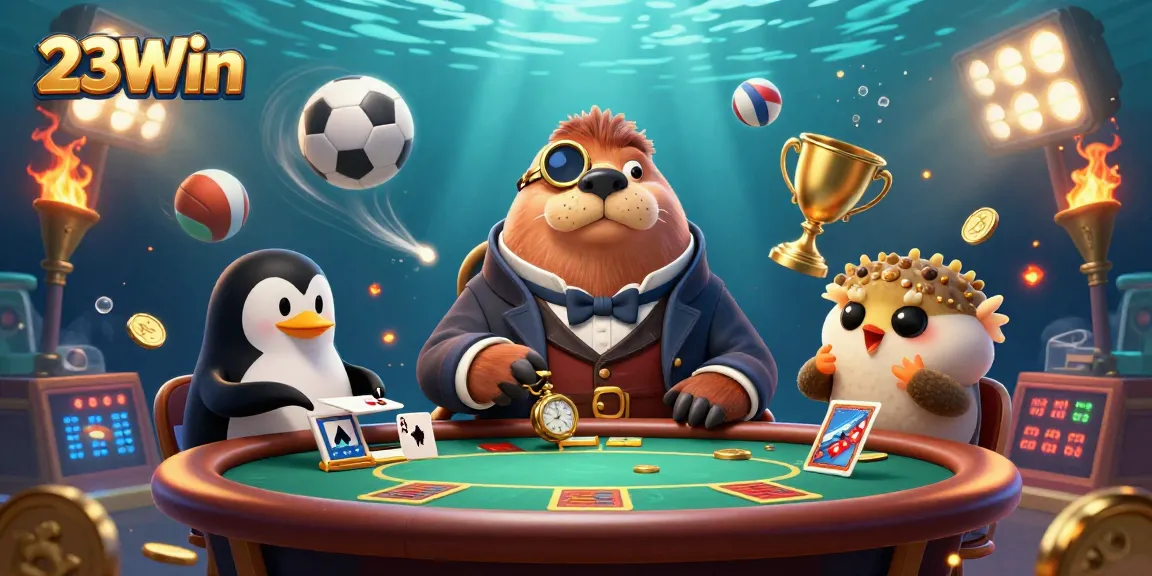 Experience the excitement of 23Win with a whimsical underwater gambling scene featuring a walrus, penguin dealer, and a bluffing pufferfish.