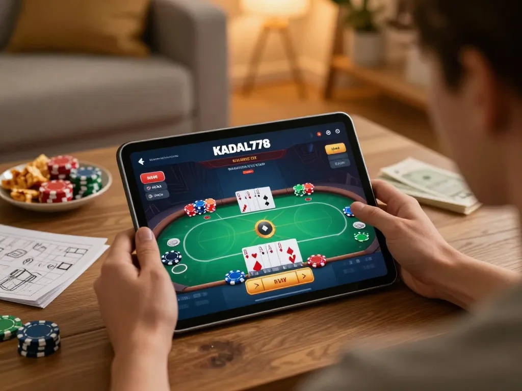 KADAL778 player enjoying online poker with animated gameplay in a cozy home environment.