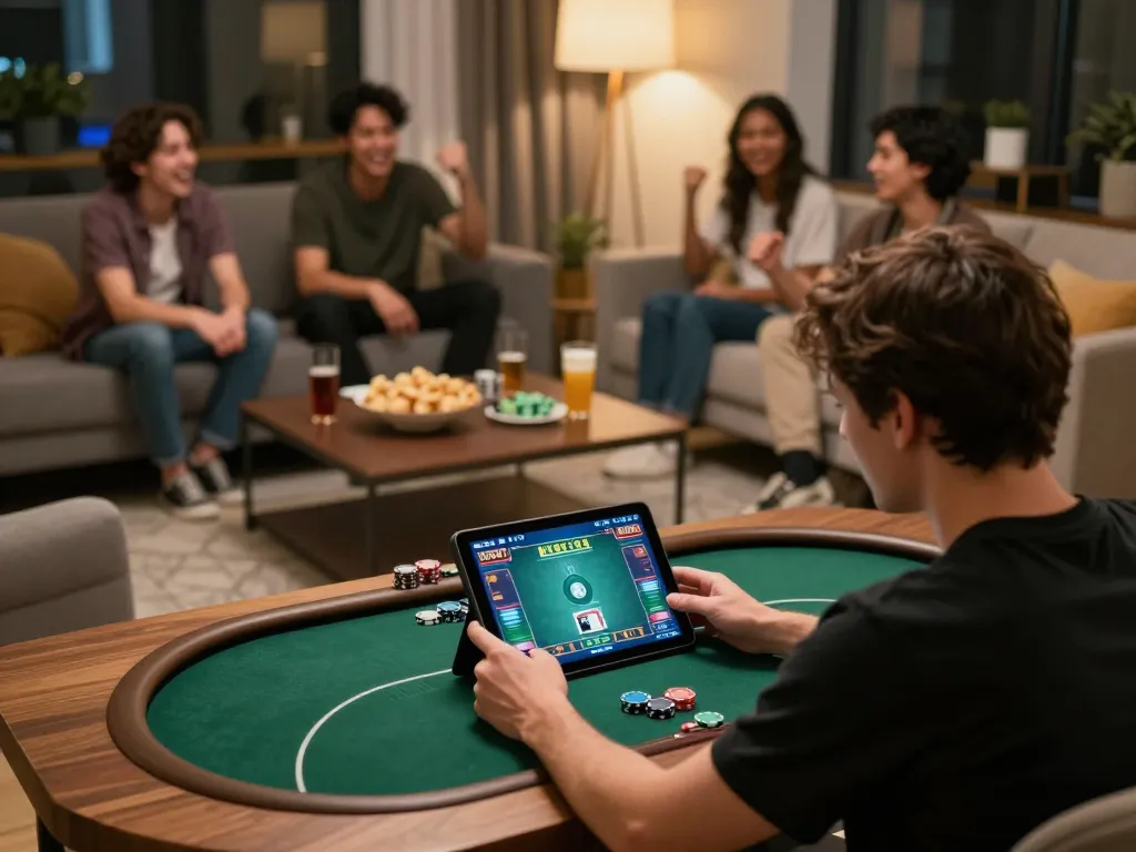 Players enjoy an exciting home poker game with RR88, showcasing strategy and engagement.