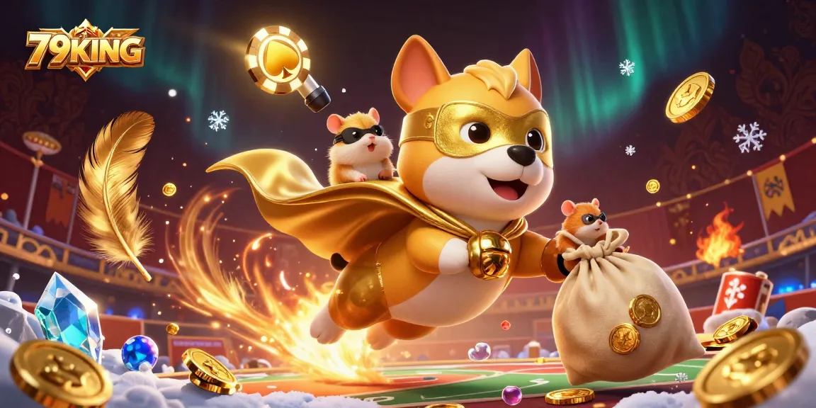 79KING highlights an exciting betting scene with a superhero dog flying amidst gold coins and sports symbols.