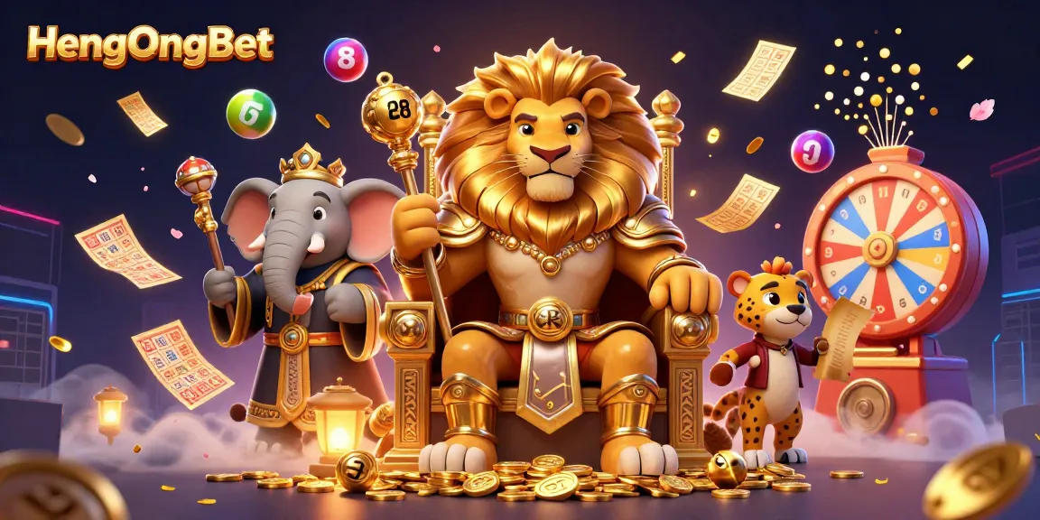 HengOngBet's vibrant gaming scene showcases a lion king, lottery elements, and dynamic casino features.