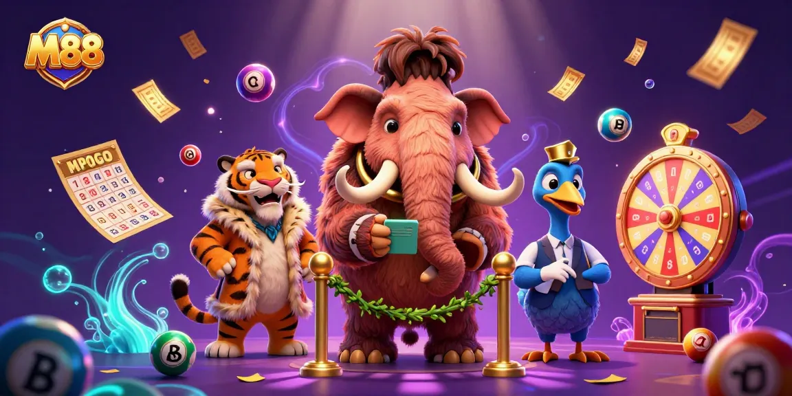 Witness the vibrant M88 casino scene with cartoon characters, lottery elements and rich details.