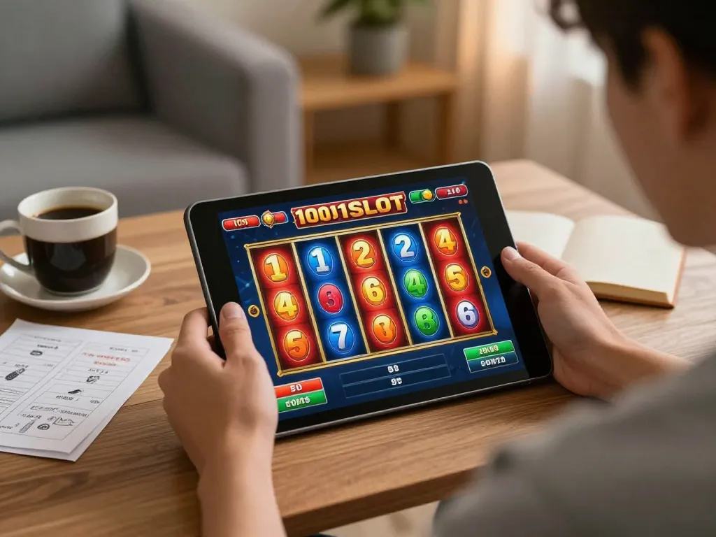 Engaging online gaming session on 1001SLOT with colorful slot reels aligning for a win.
