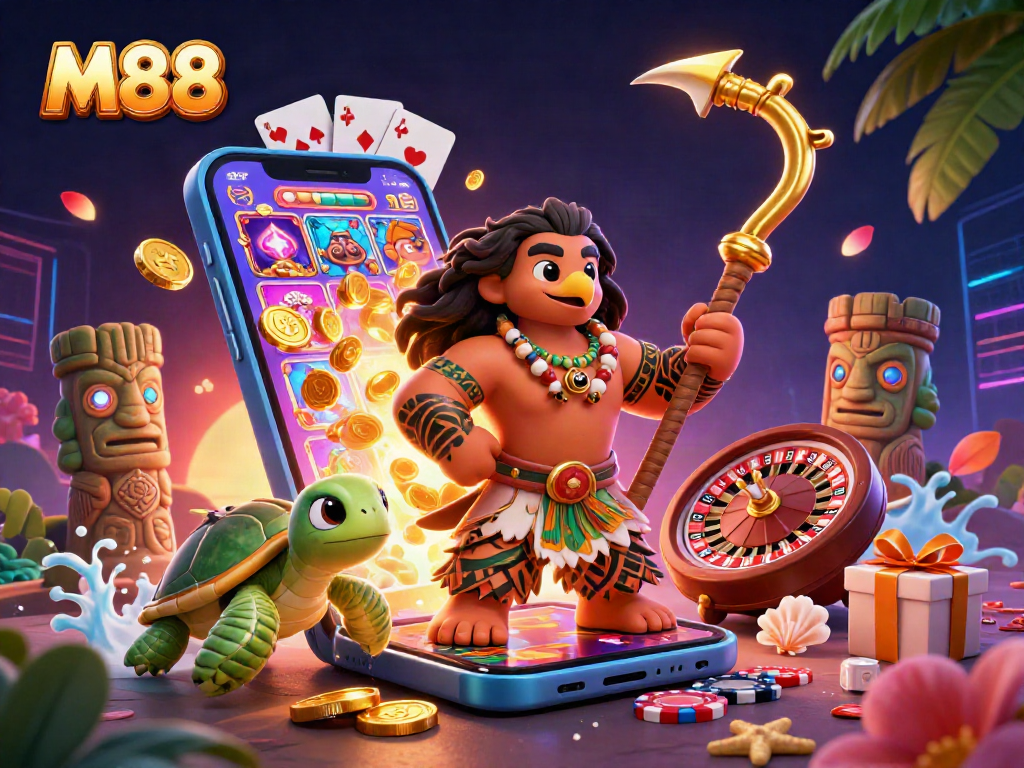 M88 captures thrilling gameplay with a colorful slot scene featuring spinning reels and vibrant characters.