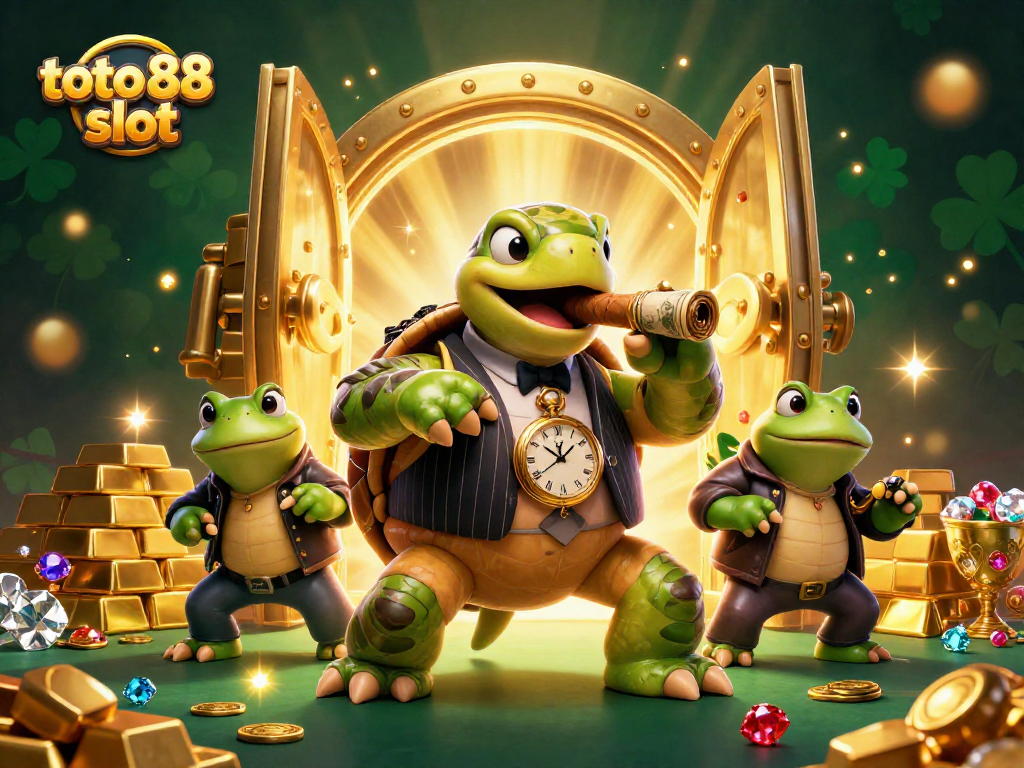 Experience the excitement of toto 88 slot with a snapping turtle and bullfrogs amidst gold and jewels.