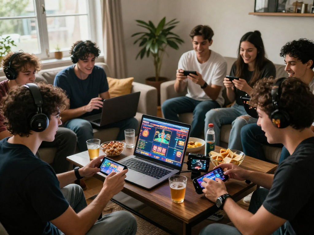 Exciting gaming scene inspired by mpocash.blog, showcasing friends enjoying online slots together.