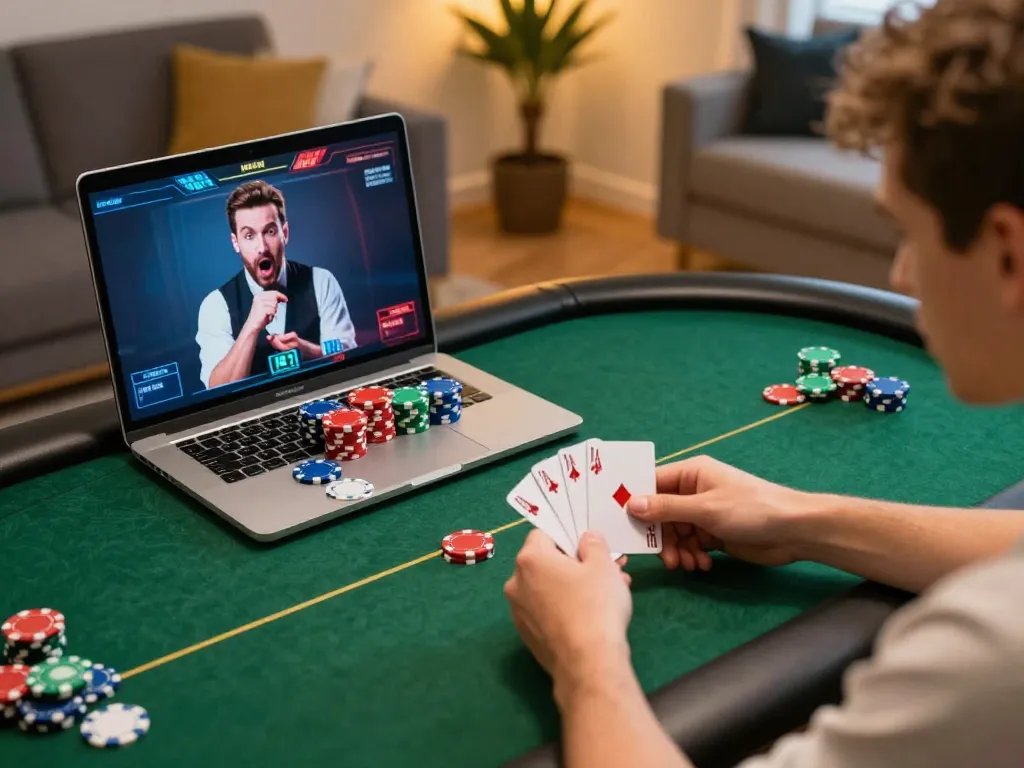 Player winning at SC88 poker table, celebrating a successful hand in a cozy home setting.