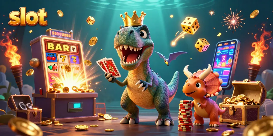 Menghadapi jackpot slot dengan keceriaan dinosaurus dan simbol berkilauan, menciptakan suasana kasino yang menarik.