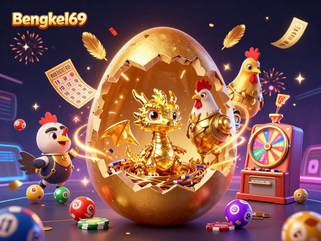 Engage with exciting games at Bengkel69 featuring a stunning golden dragon and vibrant lottery elements.