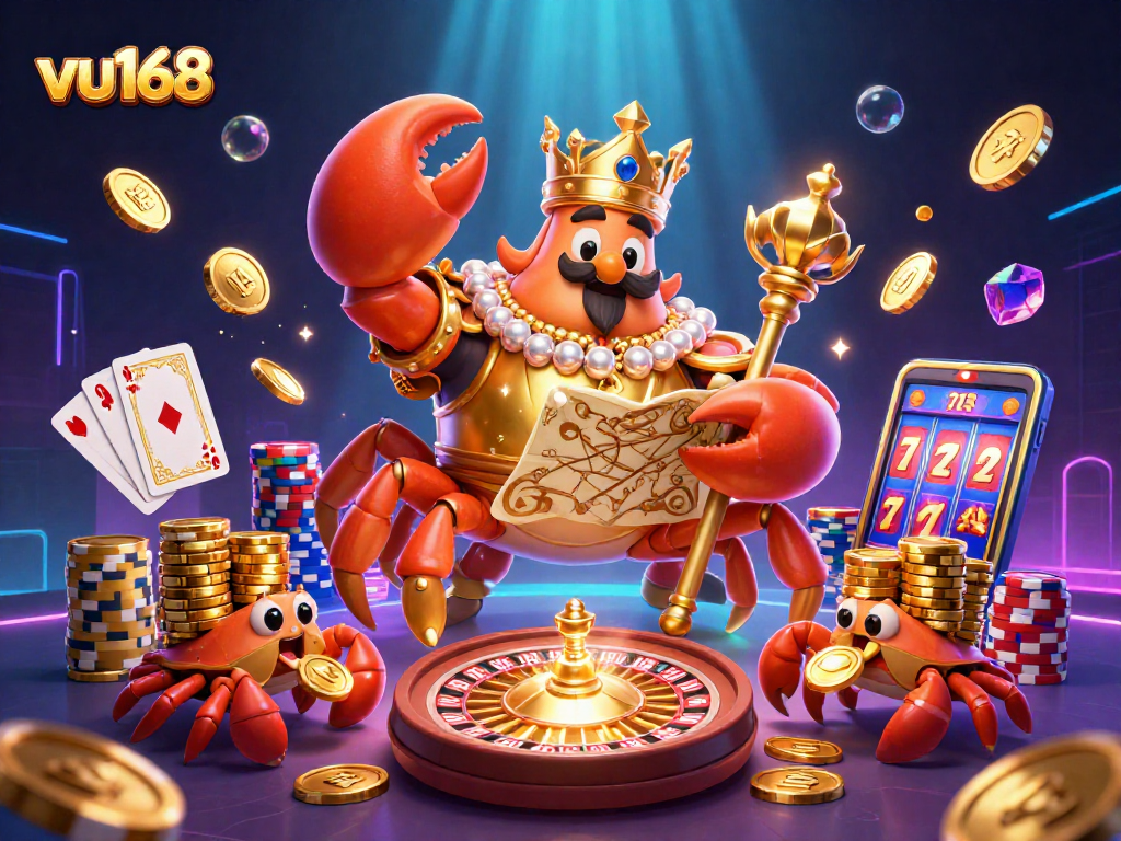 Experience thrilling gameplay at vu168 with a golden crab emperor and treasure-filled casino scene.