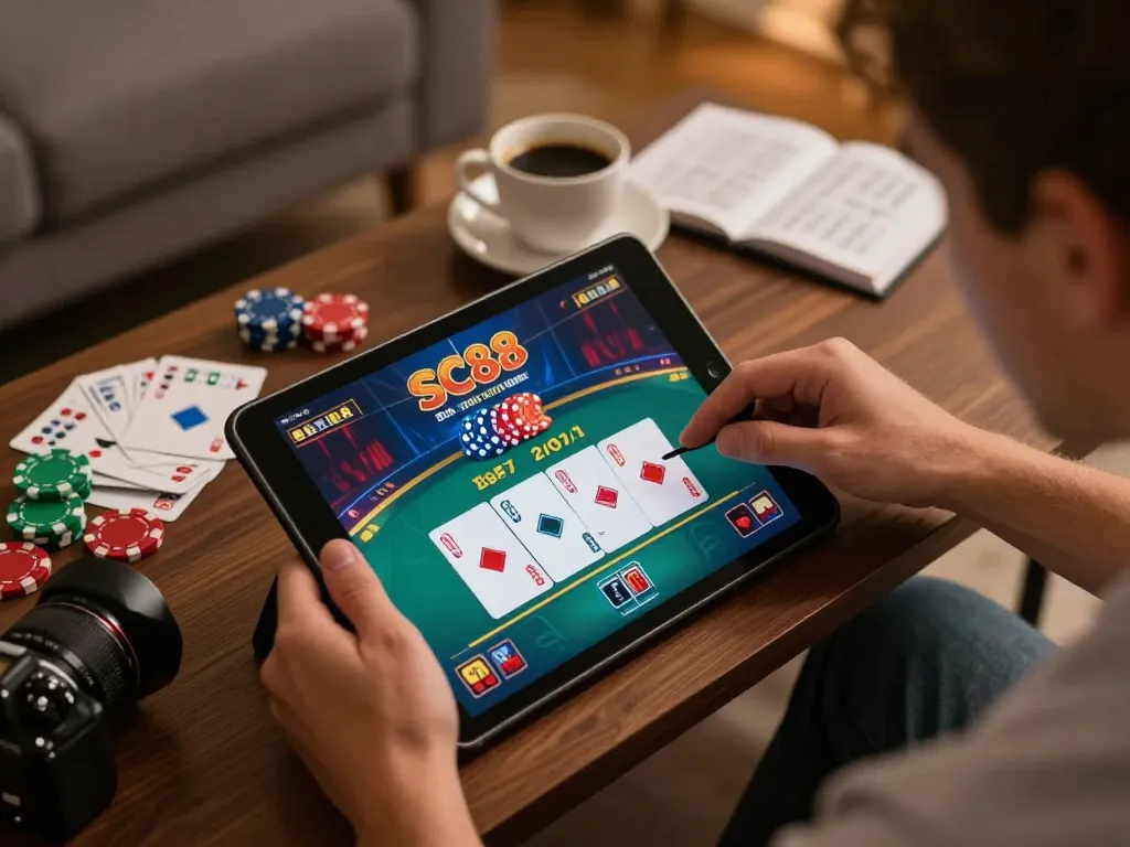 Player enjoying SC88's poker game on tablet, surrounded by strategy notes in cozy home setting.
