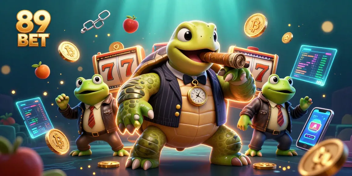 Win big at 89 BET as a massive turtle in a mobster suit smokes money cigars surrounded by gaming symbols.