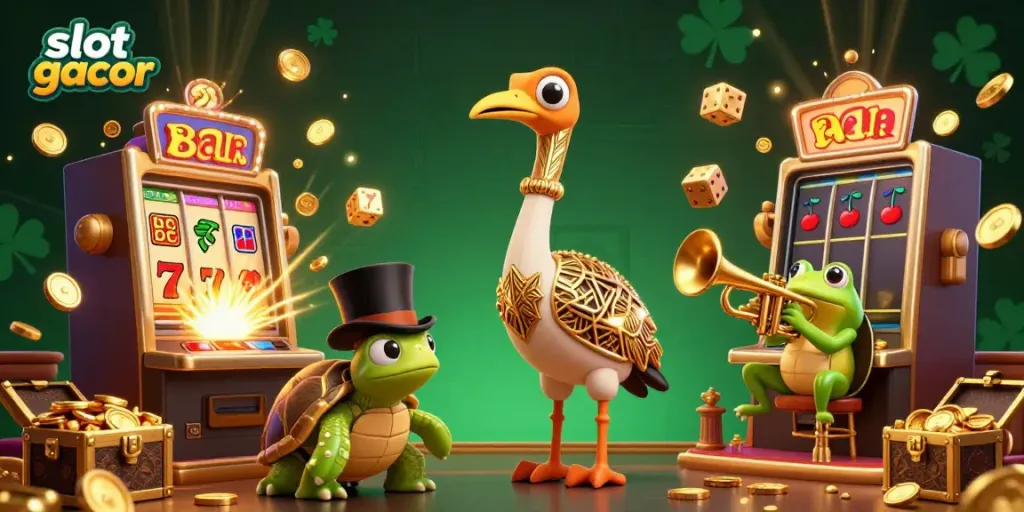 Engage with slot gacor themed characters amidst exploding slot machines and gold coins.