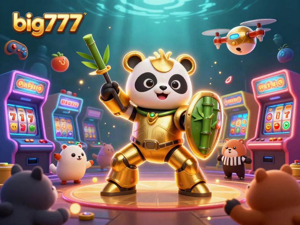 Experience the thrill of big777 in a vibrant 3D casino illustration with a golden panda and game elements.