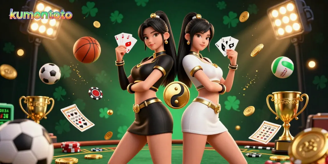 Engage with kumontoto using captivating casino elements featuring twin Asian women showcasing skillful card play.