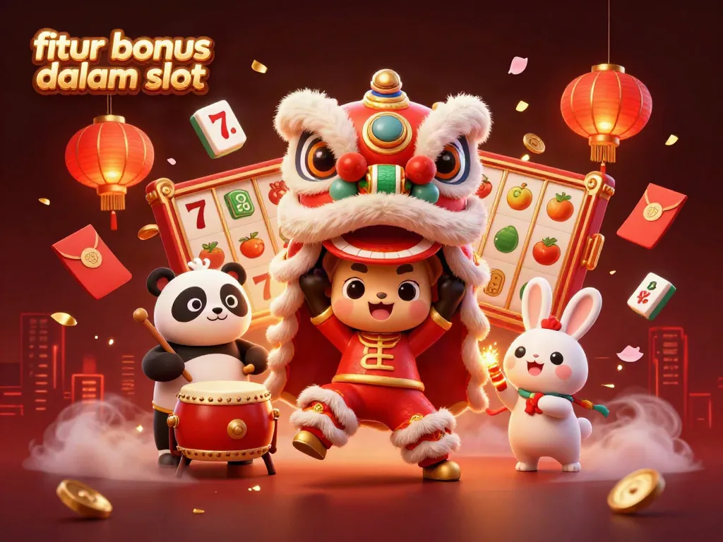 Menangkan fitur bonus dalam slot dengan simbol keberuntungan dan karakter meriah bertema kasino.