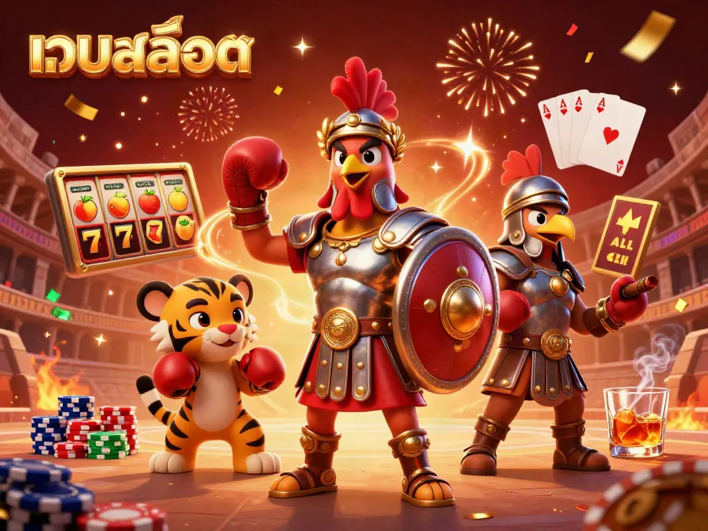 Engage with เว็บสล็อต in a vibrant arena featuring a 3D rooster gladiator, slot reels, and poker chips.
