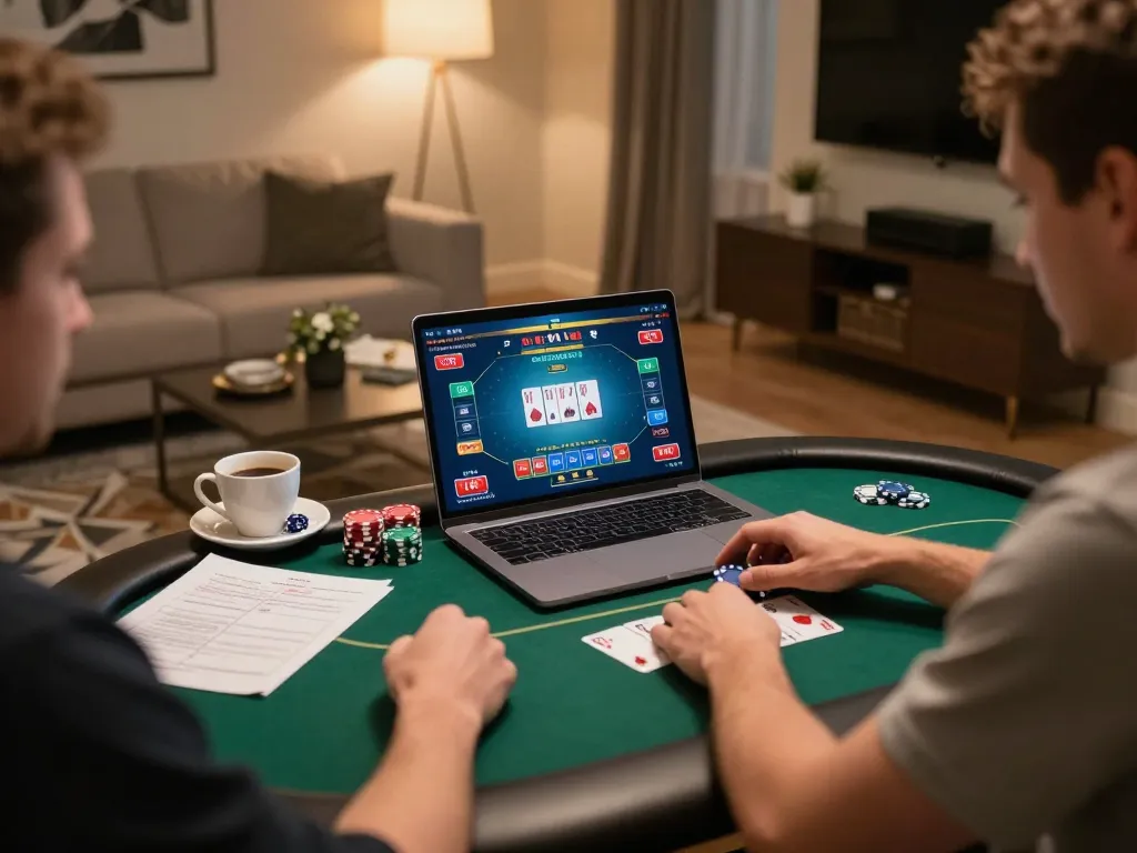Engaging online poker gameplay with incakoin on the laptop amid a cozy home setting