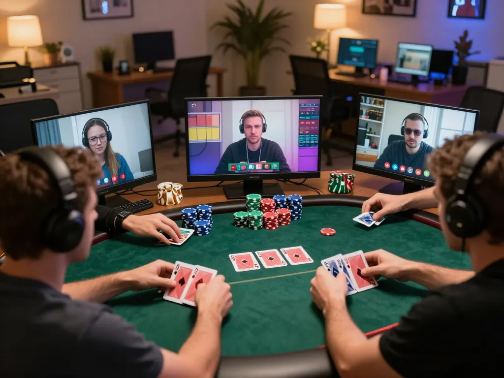 Cucu777 players engaging in an online poker game with stacked chips and lively digital interface.