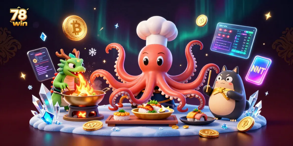 78win's vibrant online casino scene featuring dynamic characters and crypto elements.