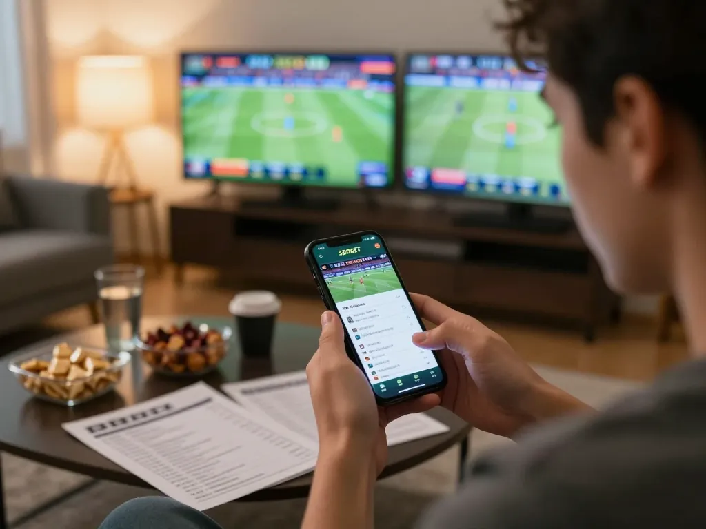 SBOBET user actively placing sports bets on a smartphone in a cozy home setup during live games