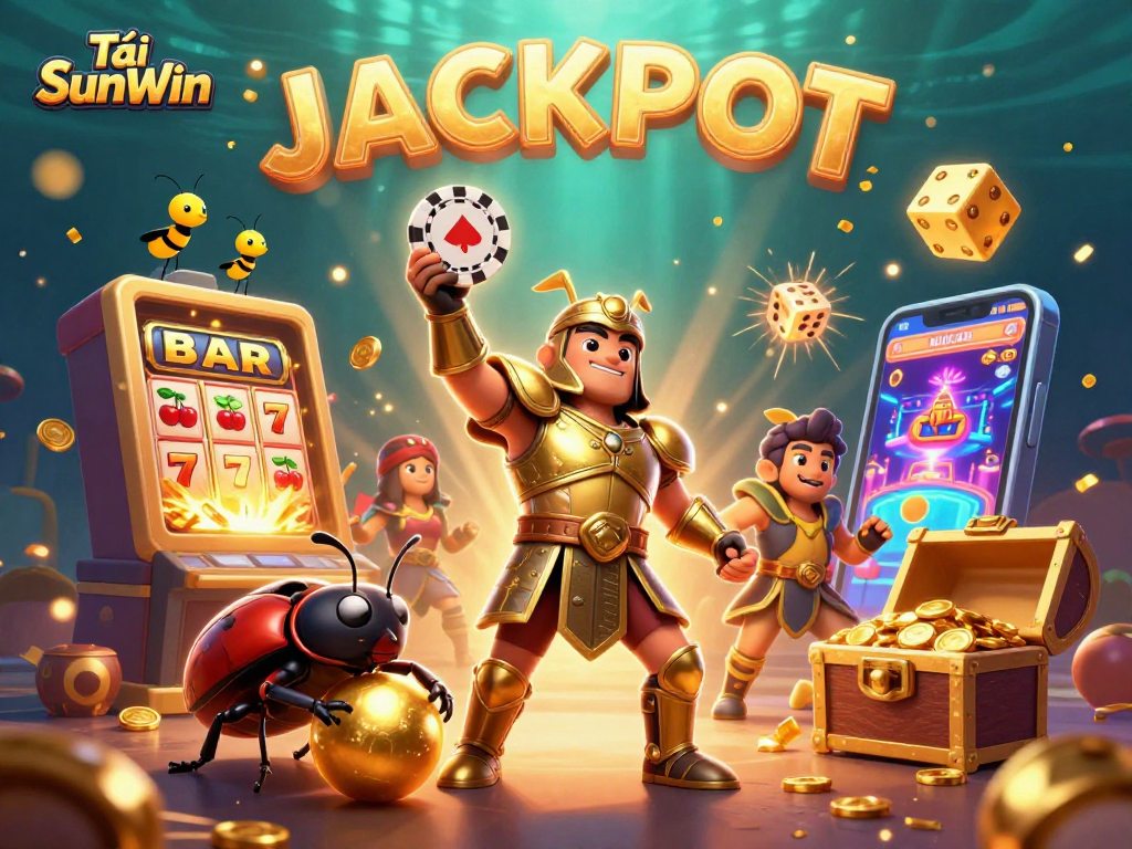 Tải SunWin brings excitement with a hercules beetle celebrating a jackpot in a vibrant casino scene.