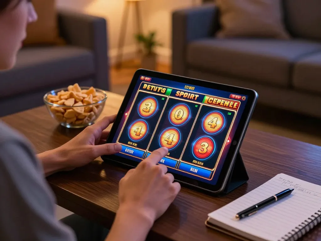 Mainkan permainan slot yang menarik secara online dengan link hargatoto yang ditampilkan di tablet dalam suasana rumah yang nyaman.