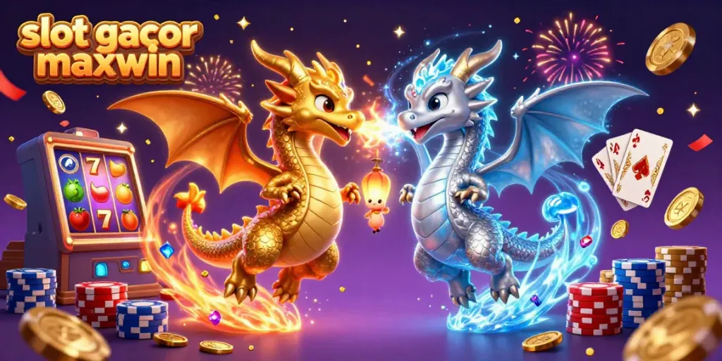 Engage with slot gacor maxwin as dragons battle amidst cascading coins and shimmering gems in a lively casino scene.