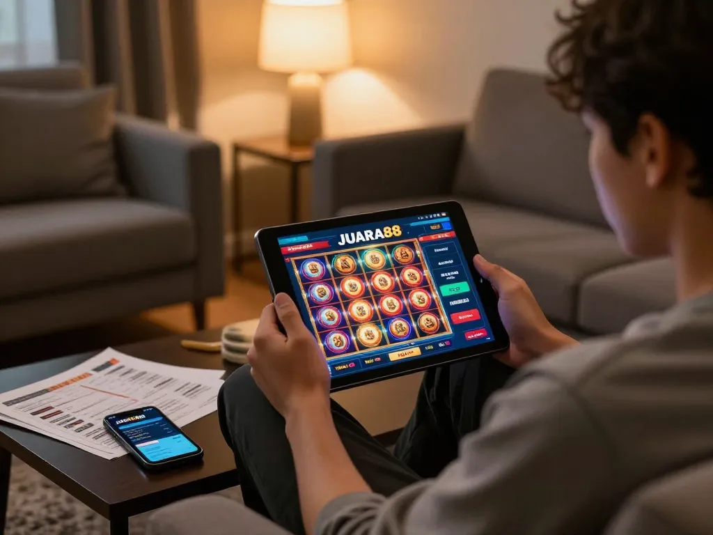 Engaging in JUARA88 online casino gaming on a tablet, surrounded by strategy notes and a smartphone.