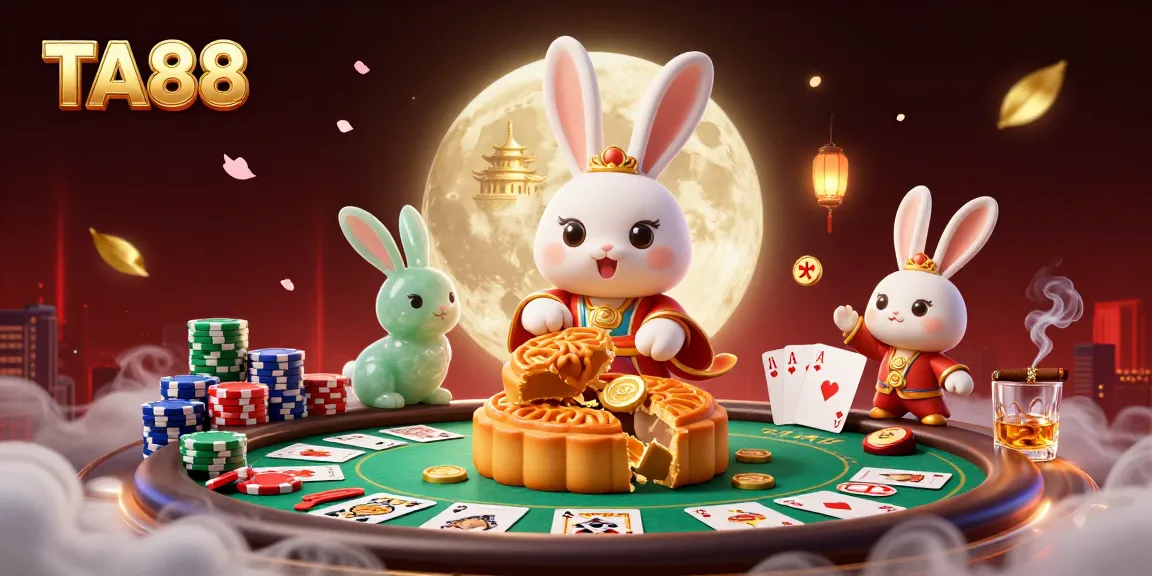Engage in TA88 gaming as a moon rabbit character reveals poker chips within mooncakes, surrounded by lively casino elements.