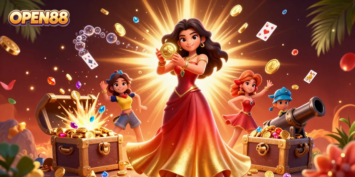 Engaging illustration of OPEN88 with stunning visuals showcasing casino elements and a beautiful character.