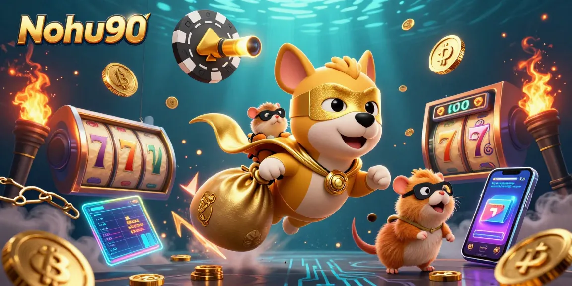 Nohu90 features a heroic dog and hamster with jackpot symbols, showcasing thrilling slots excitement.