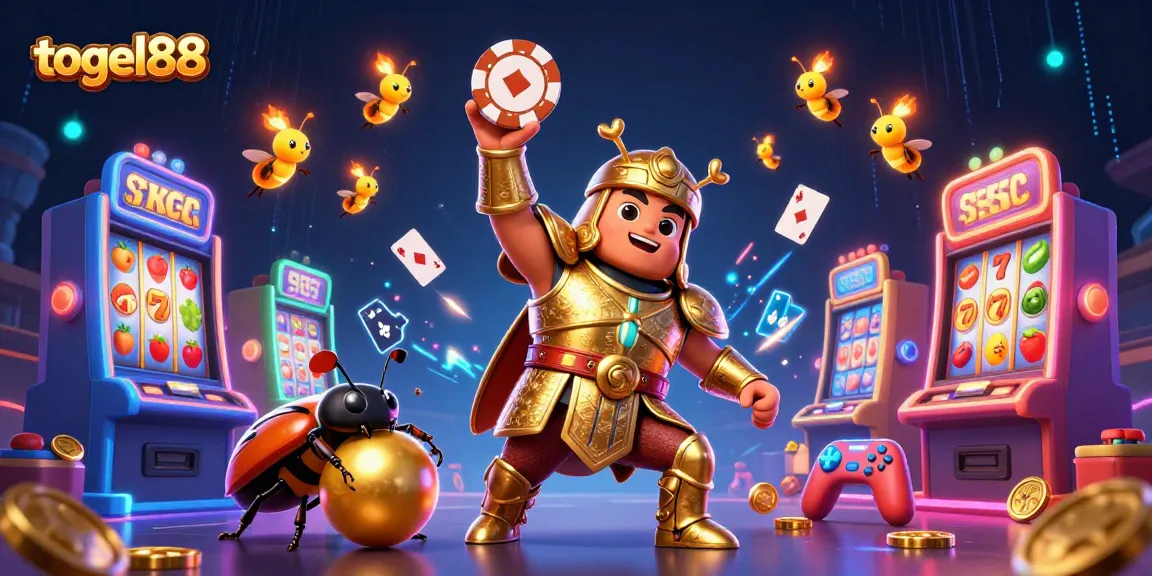 Togel88 showcases an exciting scene of a victorious beetle above poker chips, surrounded by slot machines and colorful game elements.