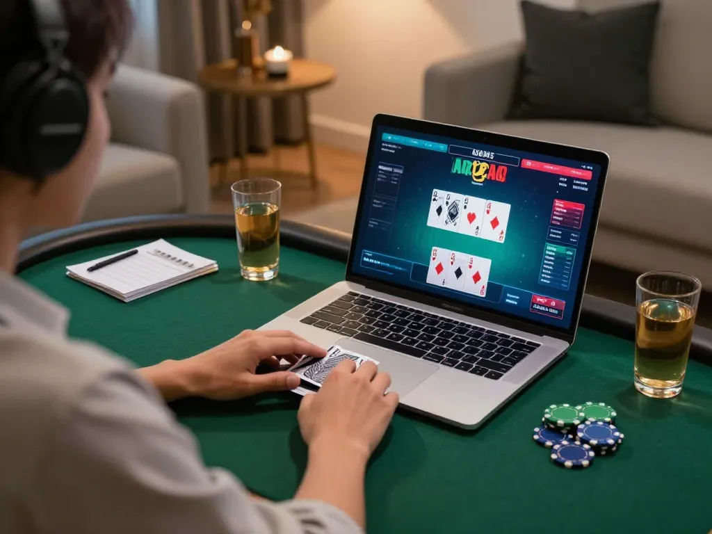 Engaged player strategizing in an online poker game at au88, capturing the excitement of home gaming.