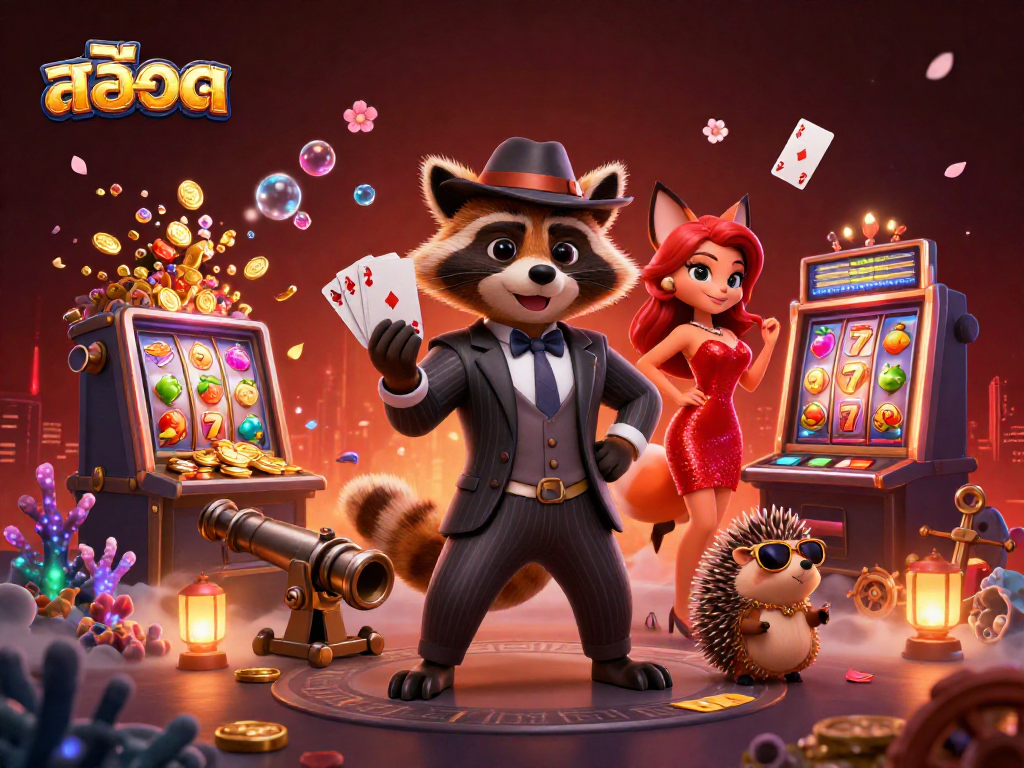 Experience the thrill of สล็อต with a raccoon, fox, and hedgehog amid treasure and gaming symbols.