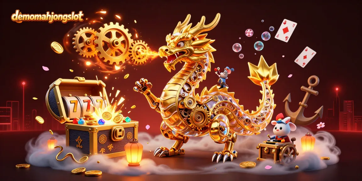 Play thrilling games on demomahjongslot: a vibrant 3D casino scene featuring a golden dragon and treasure.