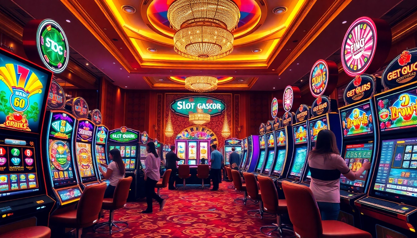 Players enjoy exciting slot gacor experiences surrounded by colorful casino machines and vibrant atmosphere.