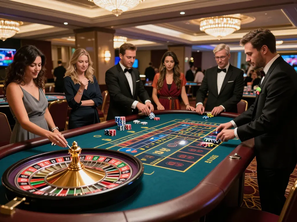 Players placing bets at an exhilarating roulette table at mb88slot casino, capturing strategic gameplay.